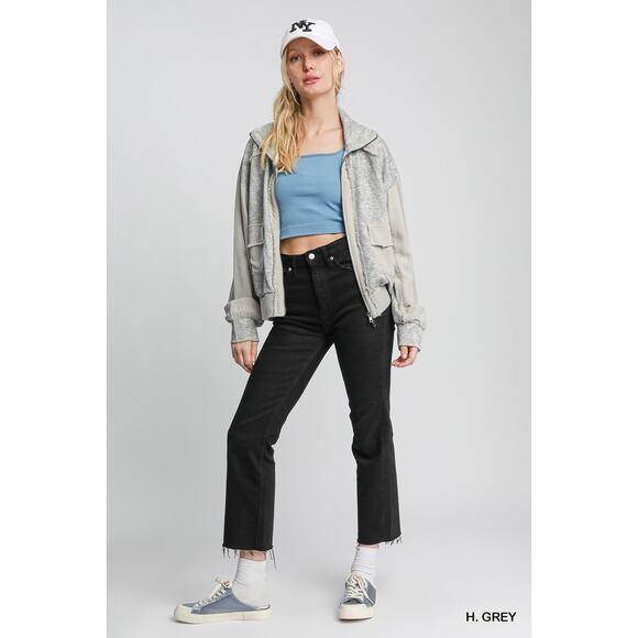 Umgee Two-Way Zip-Up Long Sleeves Front Pockets Loose Jacquard Jacket | H. Grey - Picture 7 of 7